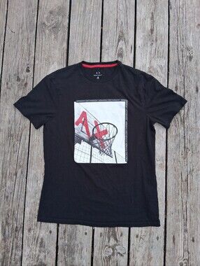 Armani Exchange Black Short-Sleeve Tee with Red & White Basketball Graphic